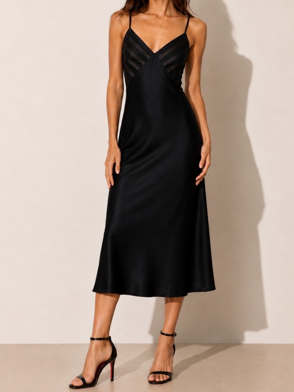 Natori Black Slip Midi Dress with Sheer Stripe Bodice